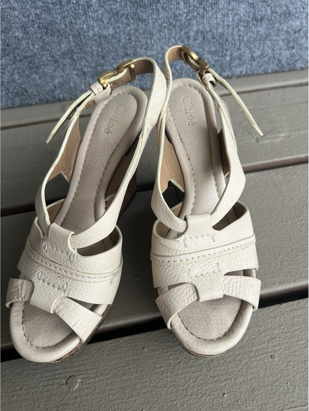 Chloe Womens Size 7.5 Ivory Ankle Strap Platform Wedge Sandals